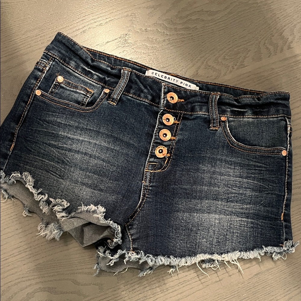 Celebrity Pink Women's Frayed Hem Jean Shorts - Dark Blue